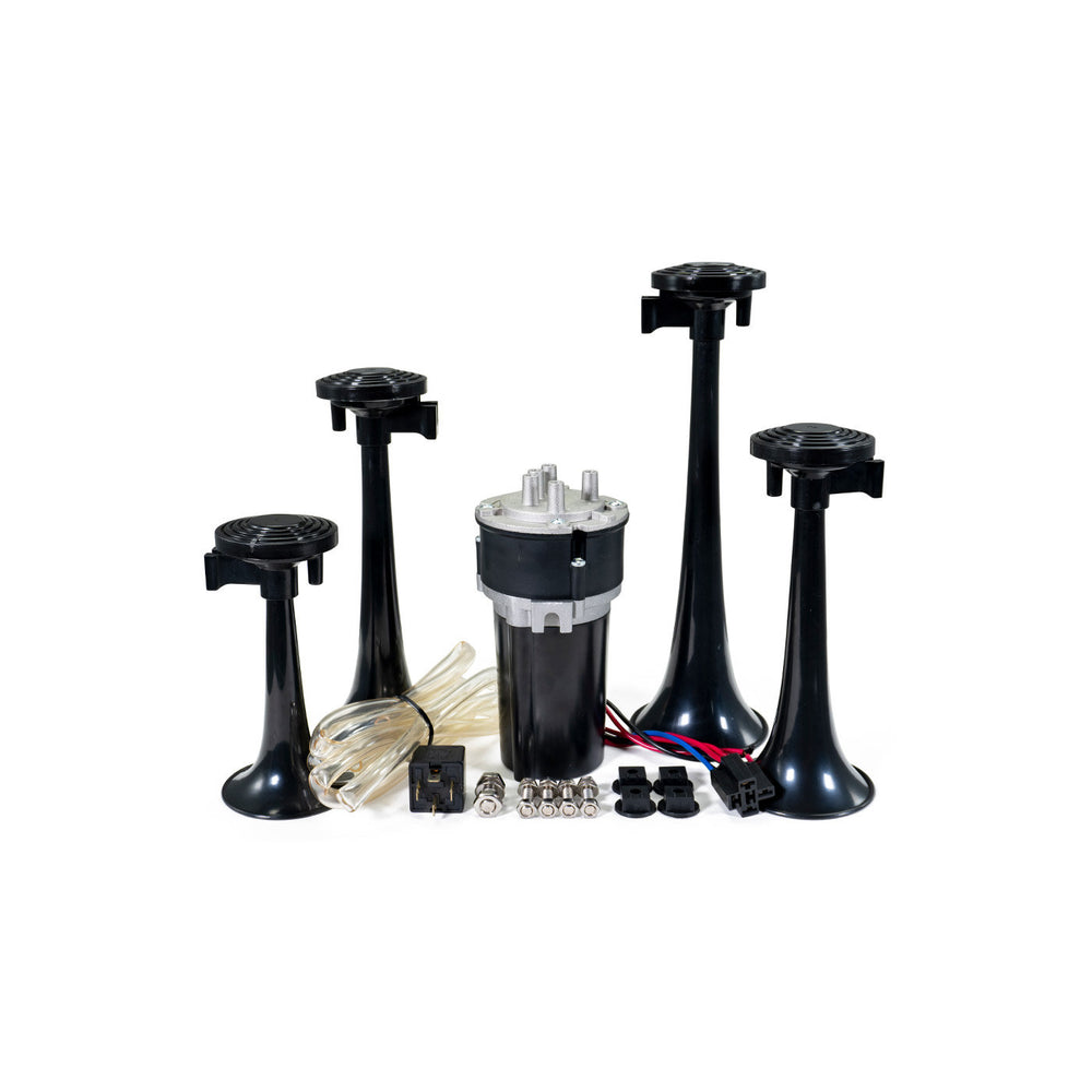 Everything included with the Tequila Musical Horn: four trumpets, direct-drive compressor, relay, wiring, air tubing and mounting hardware
