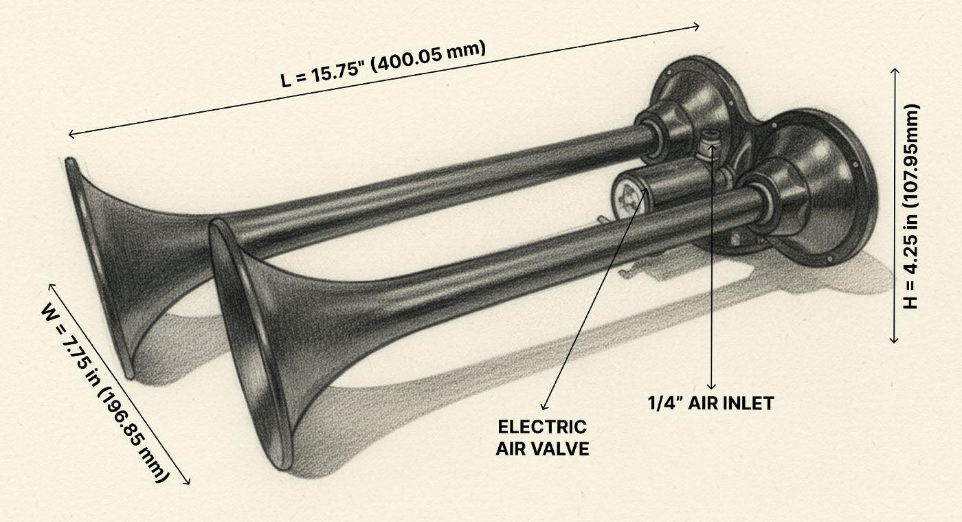 2-Chime 3-Liter Air Horn Kit Architecture & Dimensions
