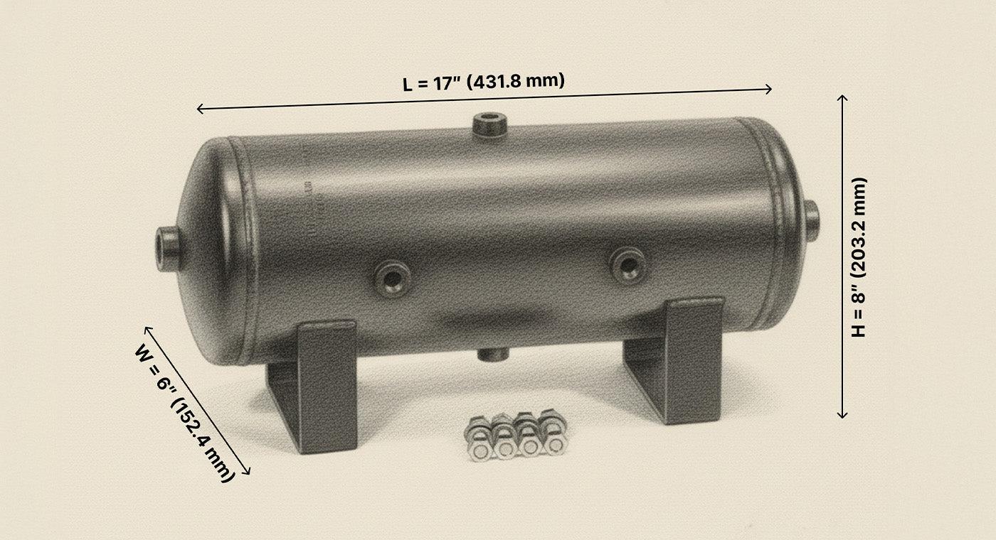 2 Gallon US Made Steel Air Tank 150 PSI - 6 NPT Ports | HornBlasters