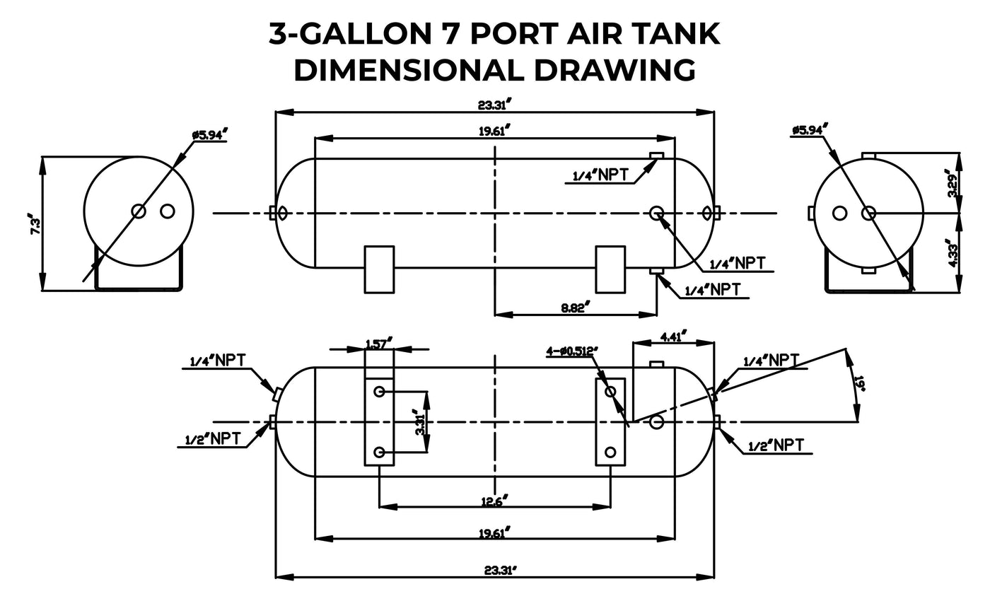 Hornblasters 3 Gallon 7 Port Steel Air Tank Dimensions
