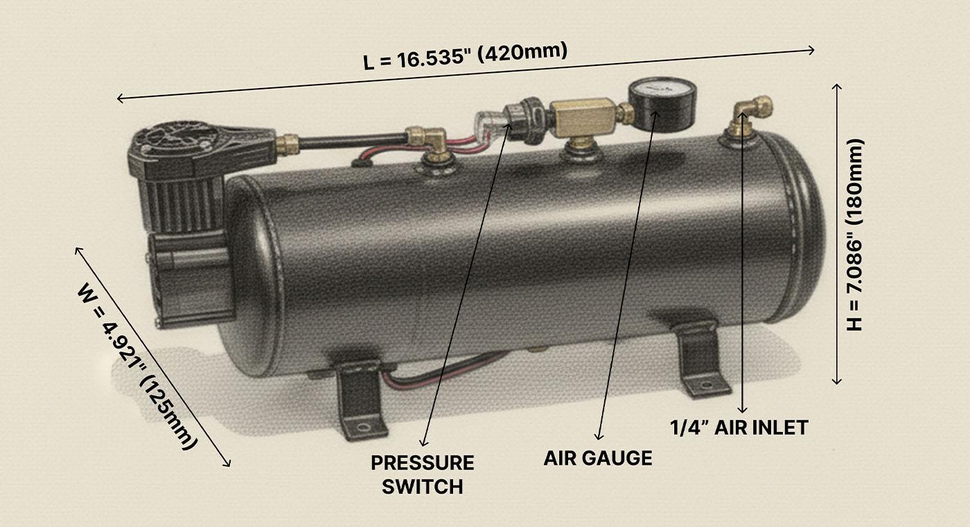 Hornblasters Air Source Kit Parts & Dimensions