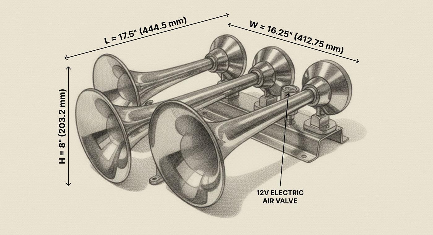 Hornblasters Flatlaw Train Horn Parts & Dimensions