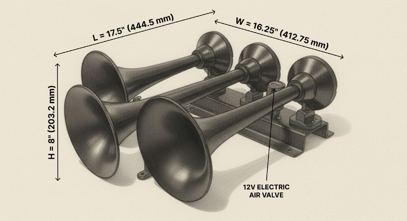 Hornblasters Flatlaw Train Horn Parts & Dimensions