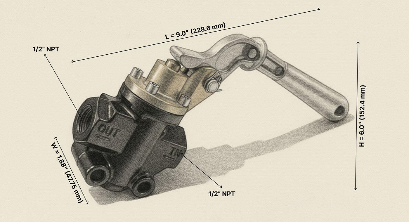 HornBlasters 1/2" Manual Train Horn Valve Dimensions