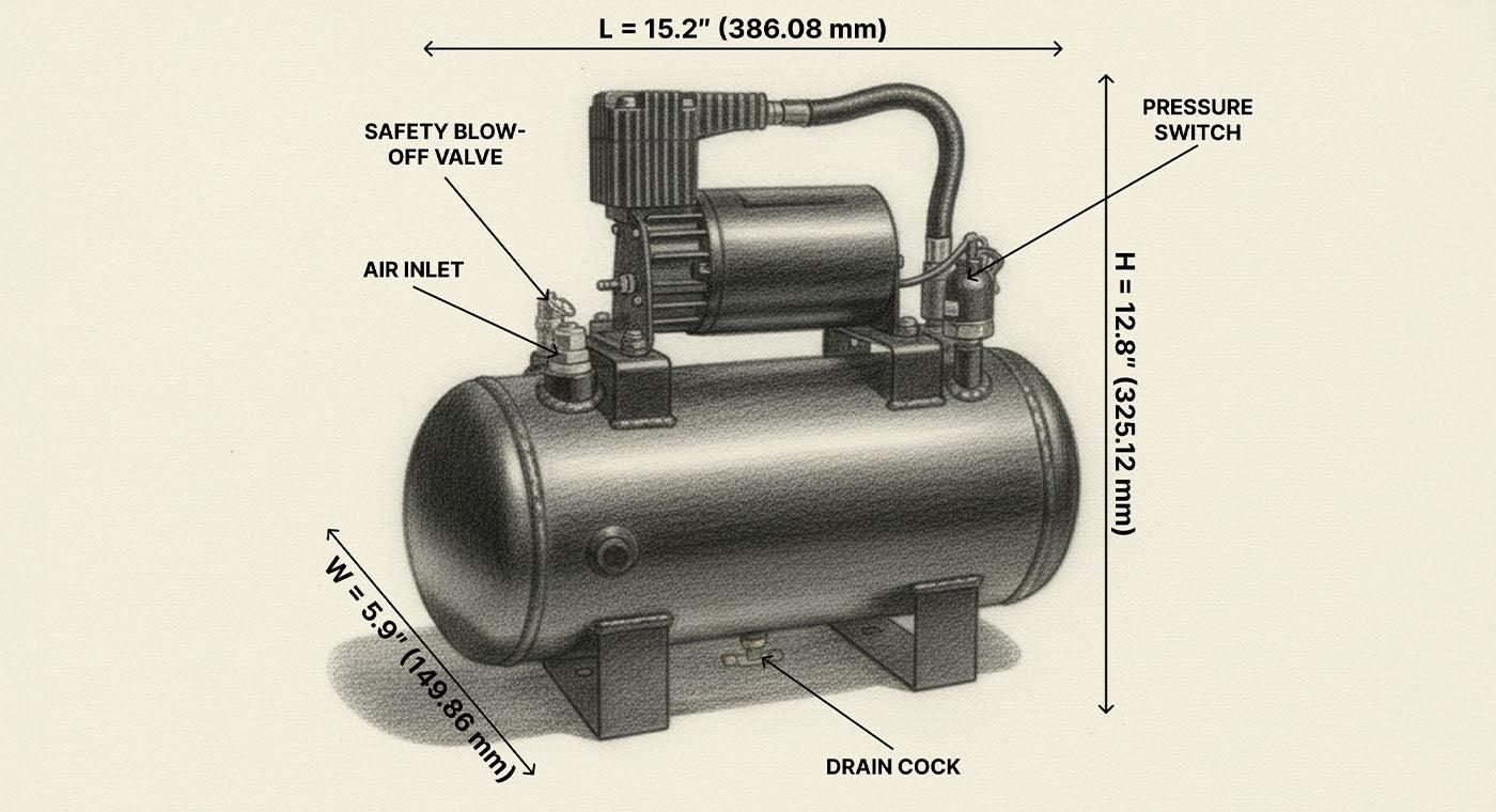 Hornblasters Train Horn Kit Parts and Dimensions