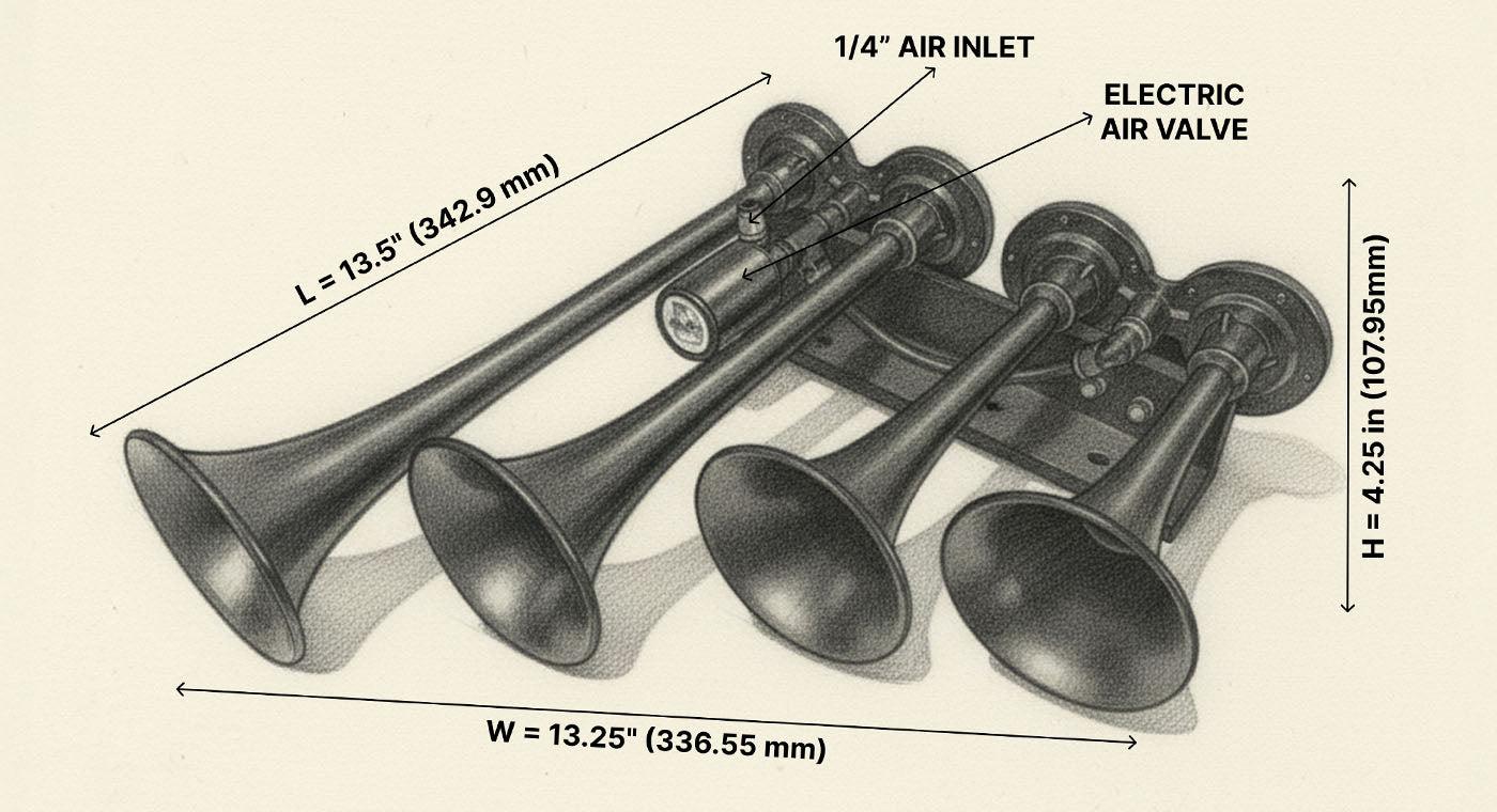 The Rage 4-Chime Air Horn Architecture & Dimensions