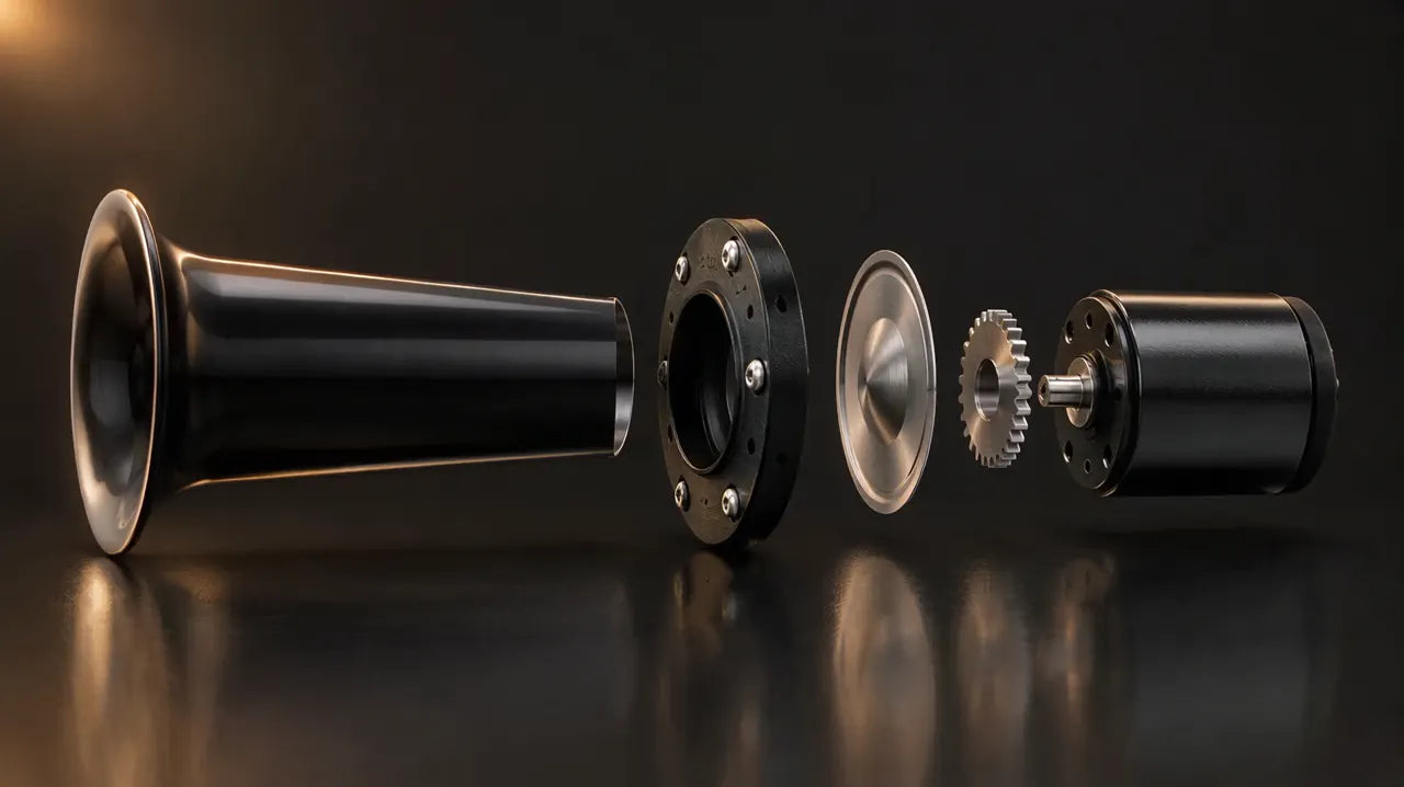 Exploded view of the Motor-Driven Oogah Klaxon Horn showing the bell, the mounting flange, the spring-steel diaphragm, the cogwheel and the motor