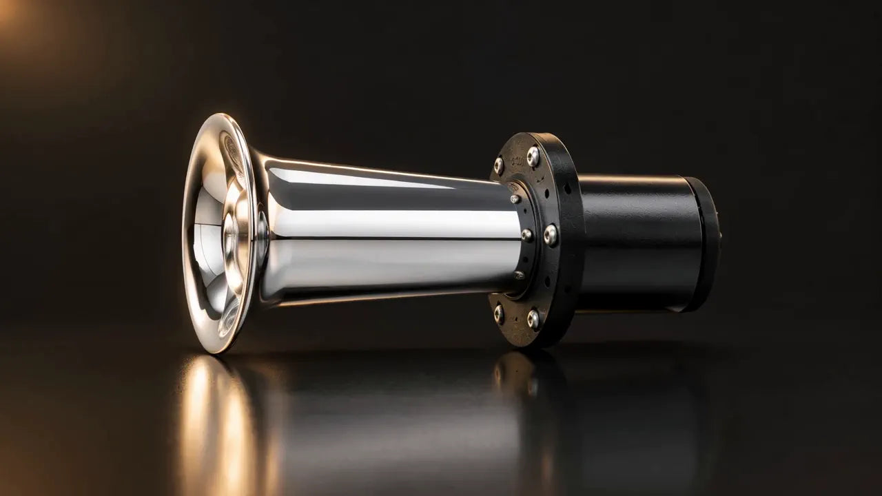 The Chrome finish of the Motor-Driven Oogah Klaxon Horn, assembled
