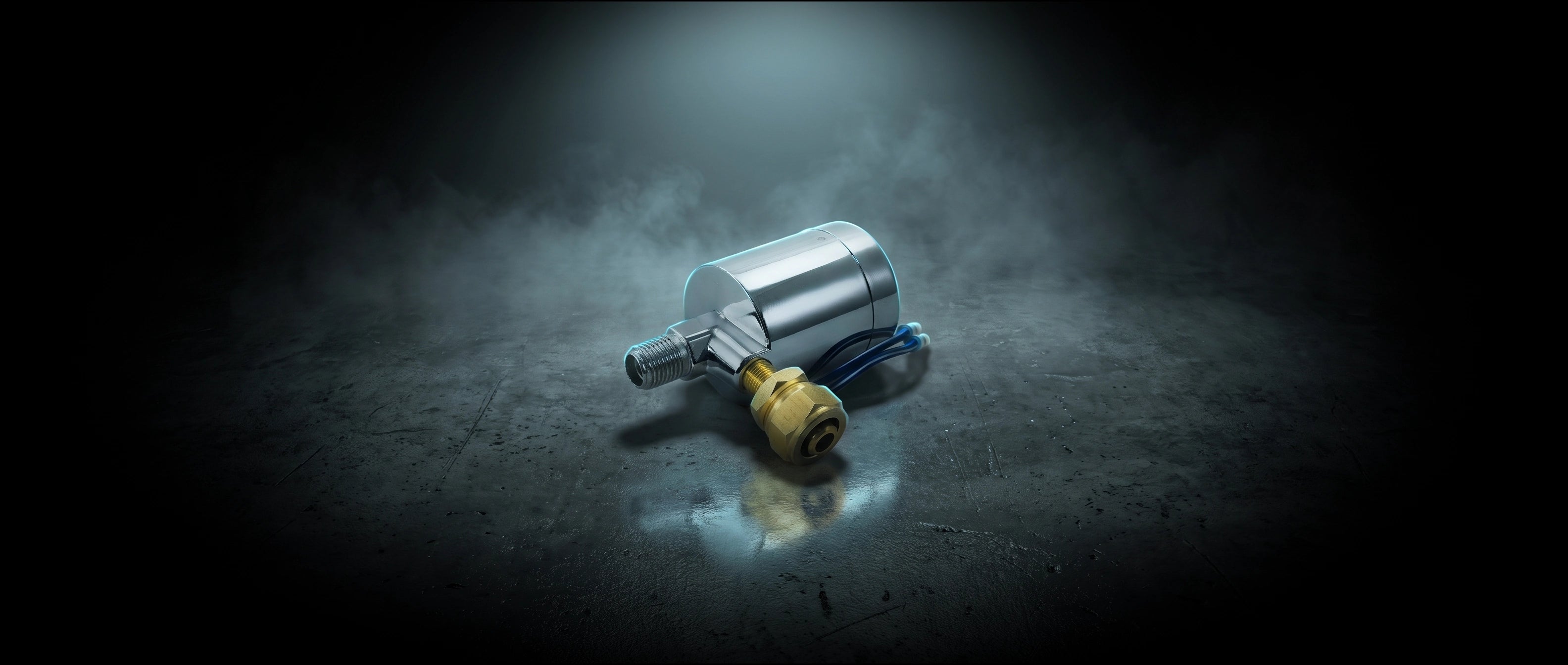 HornBlasters 1/4" Chrome Electric Air Valve in dramatic cinematic light