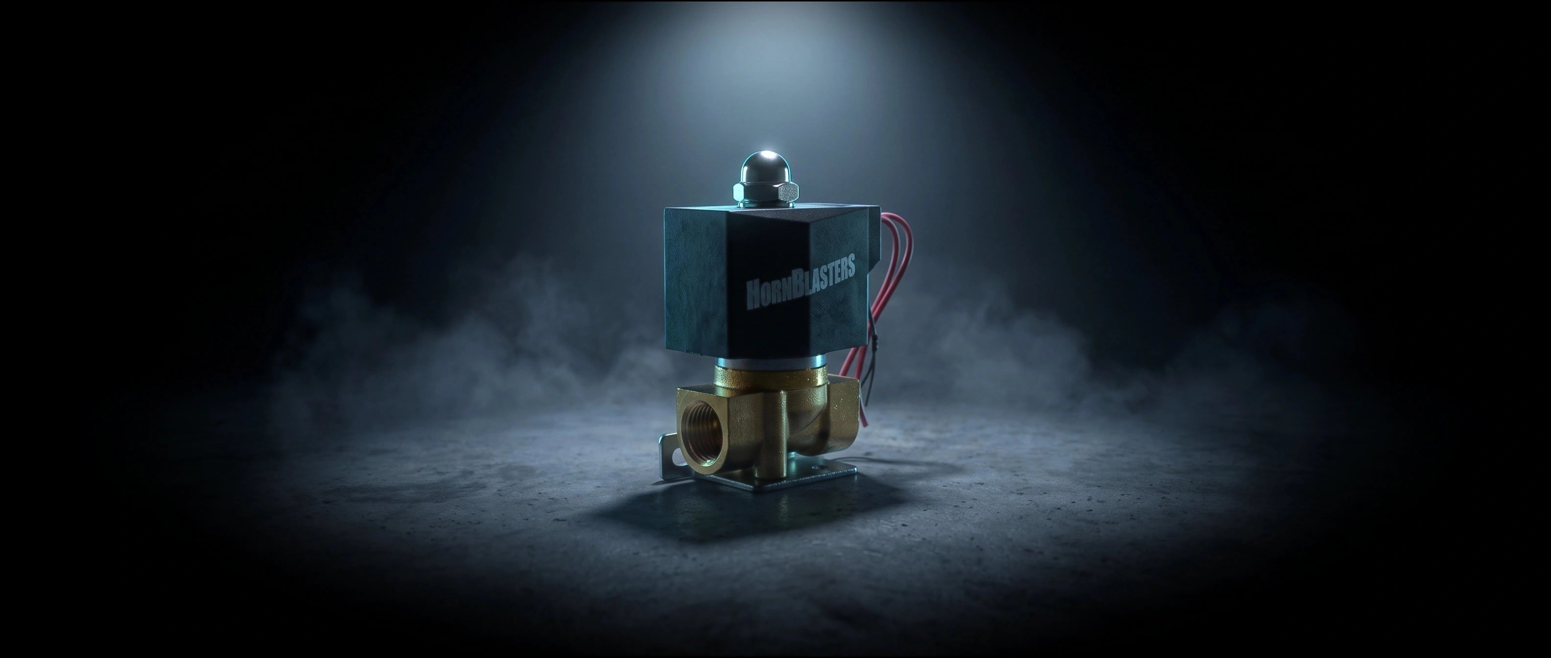 HornBlasters Brass 3/8" Electric Air Valve in dramatic cinematic light