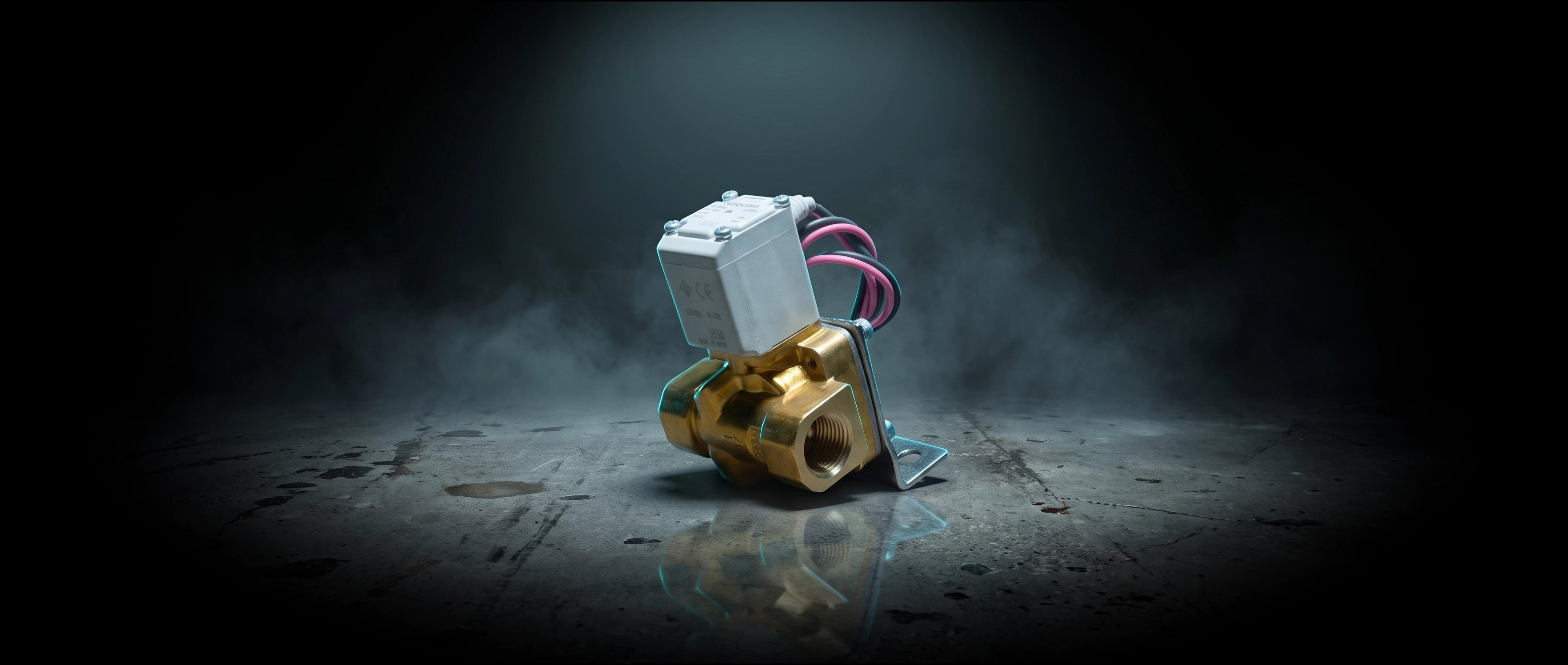 SMC Brass 1/2" Electric Air Valve in dramatic cinematic light