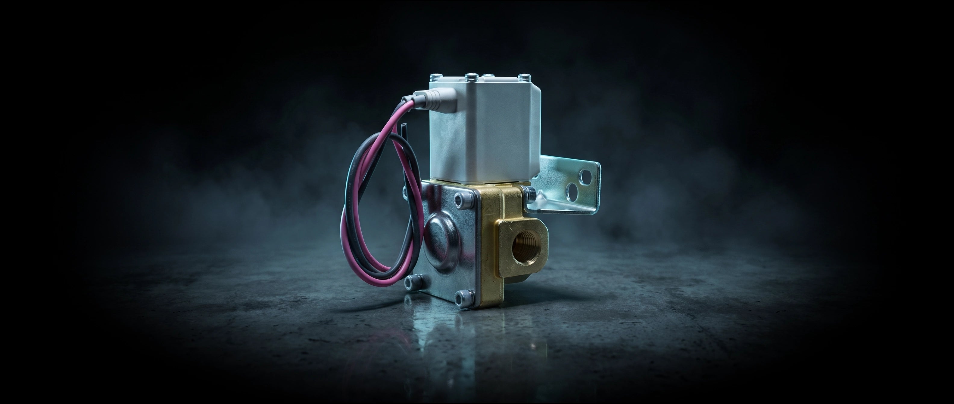 SMC Brass 1/4" Electric Air Valve in dramatic cinematic light
