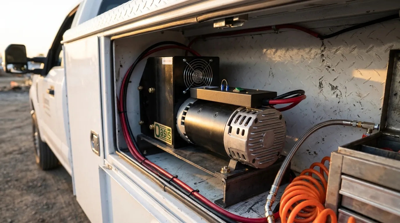 An Oasis XD4000 bolted to a steel bracket inside the open side compartment of a white service truck, battery cables routed along the wall and a braided air line running to a coiled hose