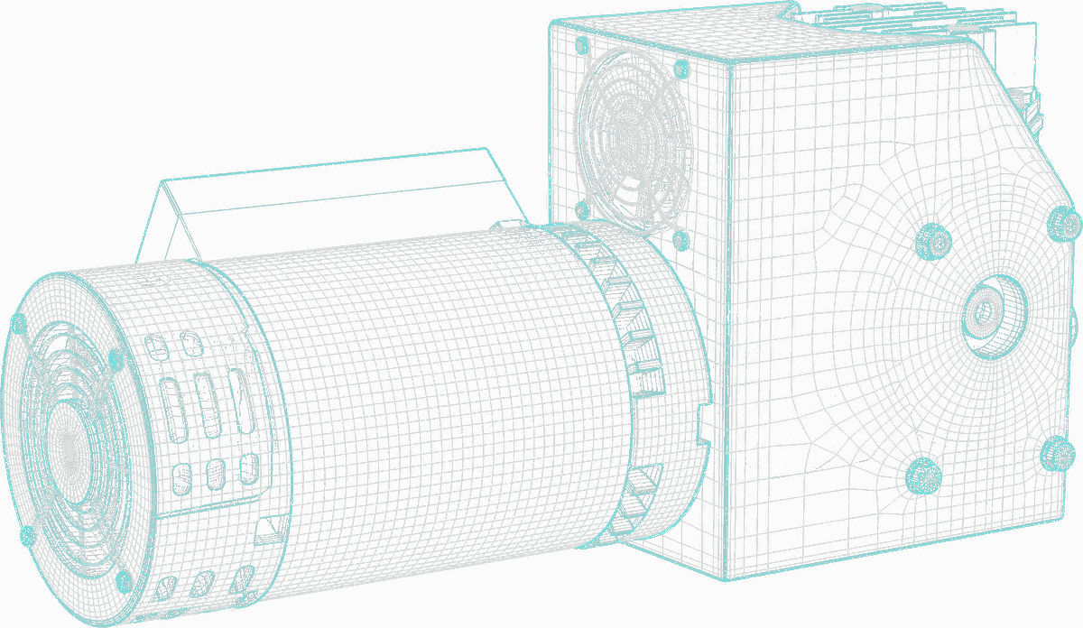 Wireframe view of the Oasis XD4000 showing the motor barrel, the ring of cooling fins, the cooling fan and the pump housing